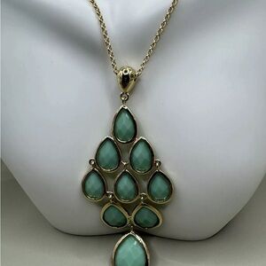 Carolee Chandelier Earrings & Matching Necklace Jade Green Stone Gold Tone Set